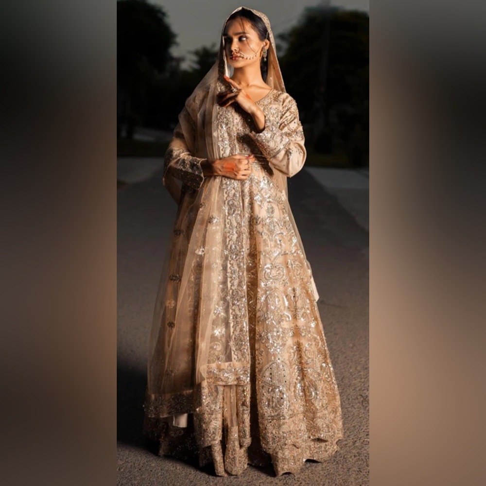 Haseens 3 piece stitched pishwas suit with mirror and beads in gold and beige